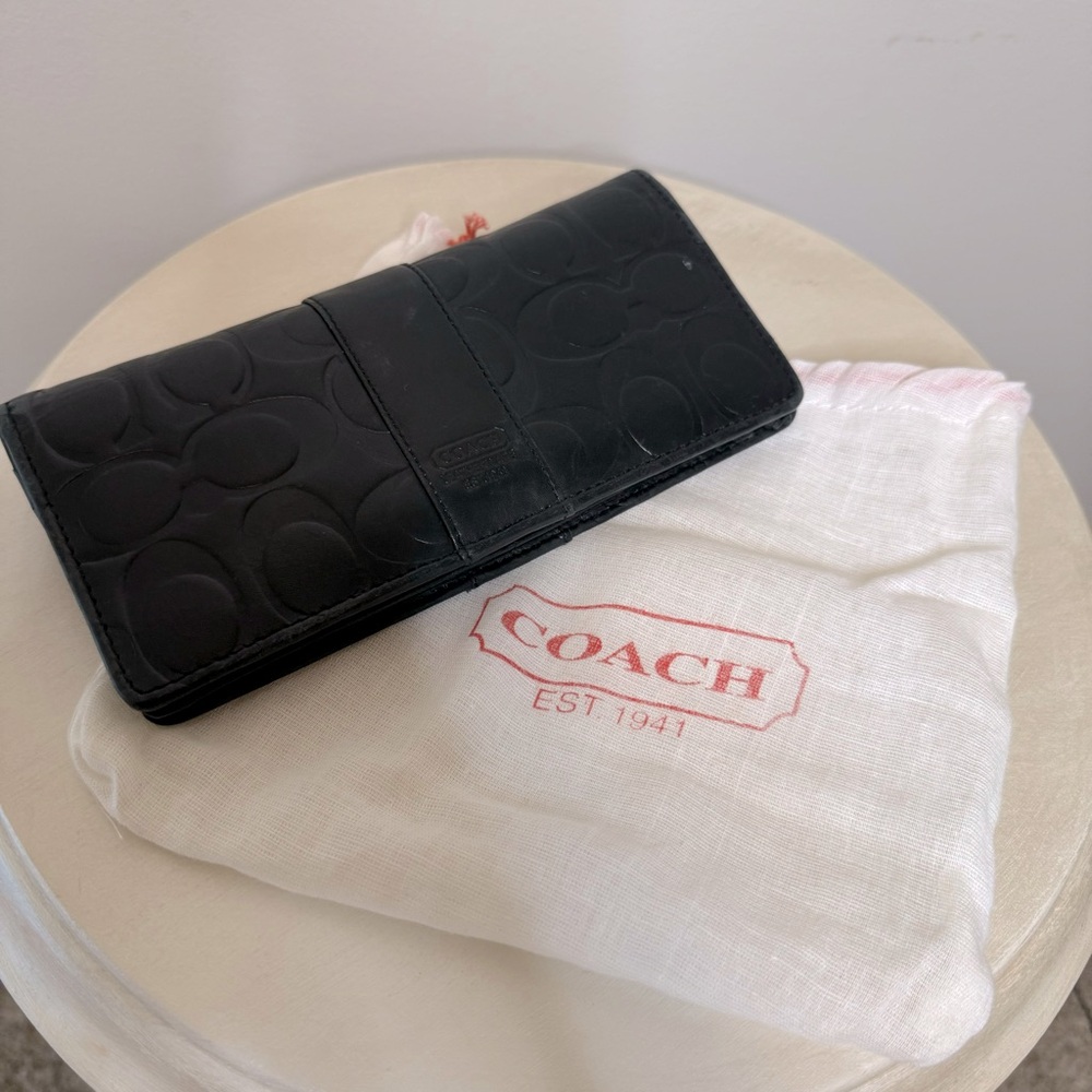 COACH Black Embossed Coach Monogram Leather Wallet Zippered Compartment